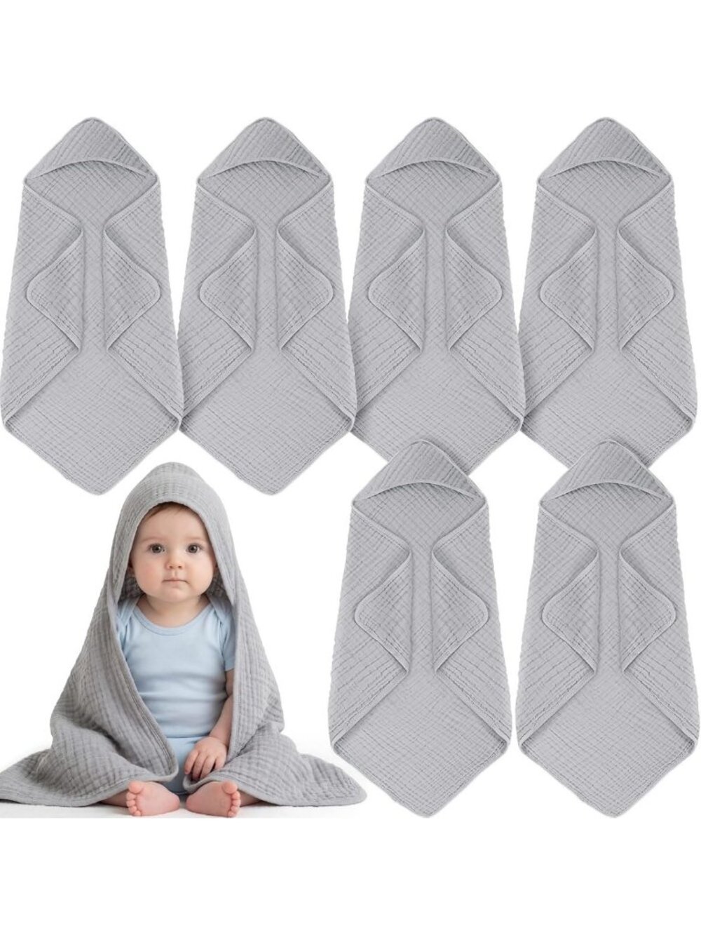 6 Pack Hooded Muslin Baby Towels - Soft, Absorbent Bath Towels for Infants